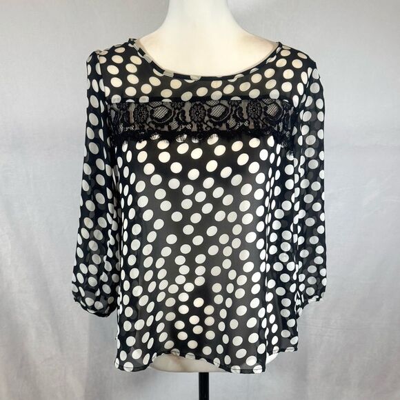 Monteau black and white polka dot top with lace detail size medium - Picture 1 of 6
